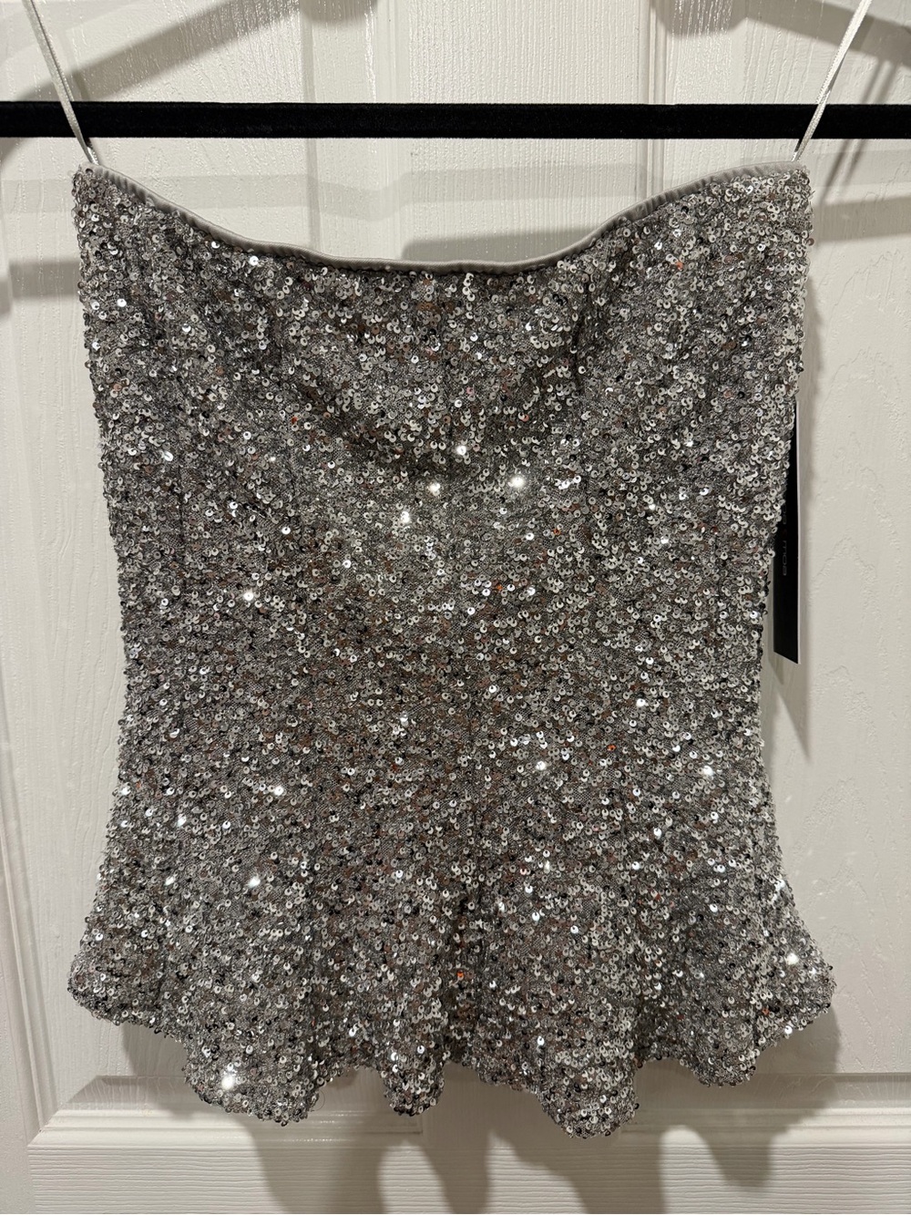 Boohoo Silver Sequin Strapless Peplum Top